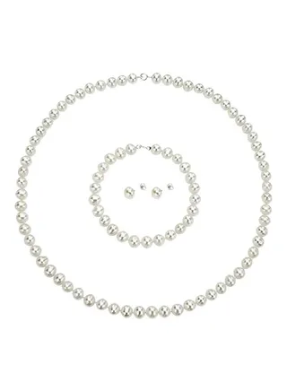 Sterling Silver Pearl Necklace With Earrings And Bracelet Set 