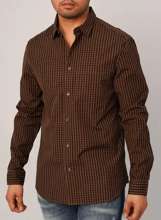 Men’s Single Breast Button Down Check Shirt in Beaver 
