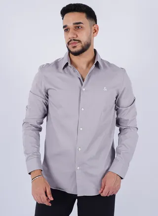 Men’s Long Sleeve "&" Embroidered Shirts in Light Grey 
