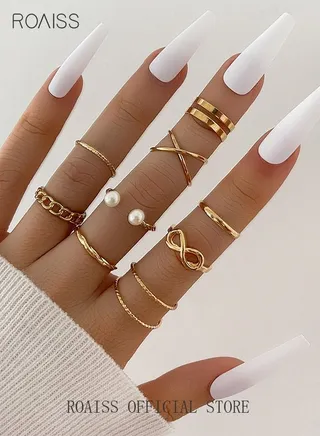 9 Pcs Multi-size Elegant Fashion Rings Set Simple Rhinestones Pearl Finger Jewelry for Women/Girls Gold 