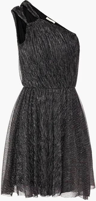 One-shoulder gathered metallic knitted mini dress