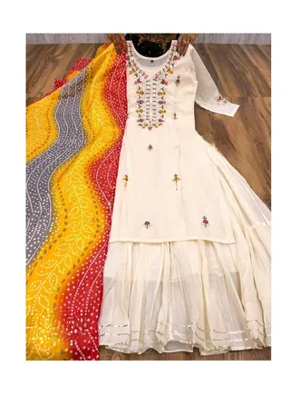 Off White long Flaire Dress With Short Kameez And Multicolour Lahariya Dupatta Ready To Wear 