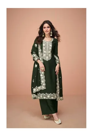 Premium Silk Olive Green  Salwar Kameez With Santoon Inner Having Thread Embroidery On Kameez Plus Dupatta 