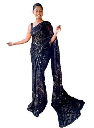 Georgette Black Colour Saree With Spiral Design Sequence Work Plus Unstitched Blouse 