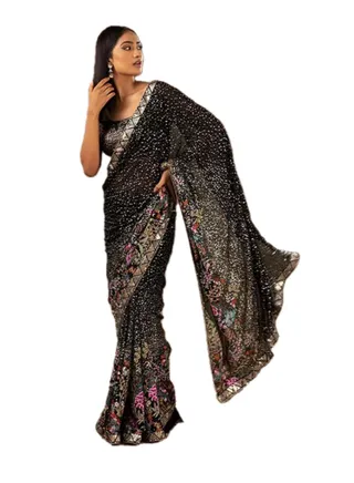 Georgette Black Saree With Multi Colour Thread Plus Sequence Work and Unstitched Blouse 