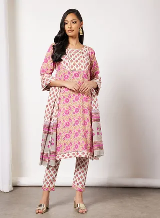 Print Short Kurta With Pants And Dupatta 