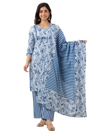 Women Floral Printed Cotton Kurta And Pant Set With Dupatta 