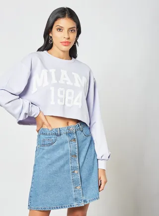 Slogan Crop Sweatshirt Purple 