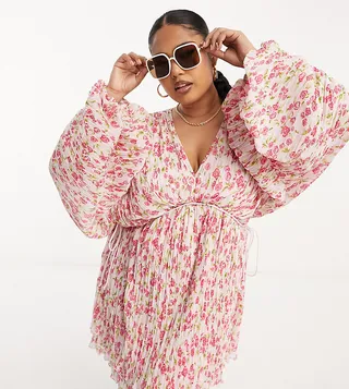 ASOS DESIGN Curve micro pleated batwing trapeze mini dress in pink floral