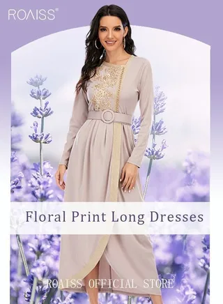 Maxi Dress for Women Long Sleeve Waist Belt Asymmetric Neck Casual Loose Floral Print Dresses Embroidered Lace Beaded Flared Lace-up Black 