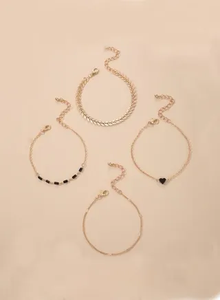 4Pcs New Trendy Black Heart Chain Bracelets for Women Charms Bead Leaf Adjustable Jewelry Accessories 