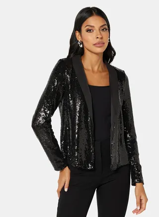 Sequin Open Front Blazer Black 