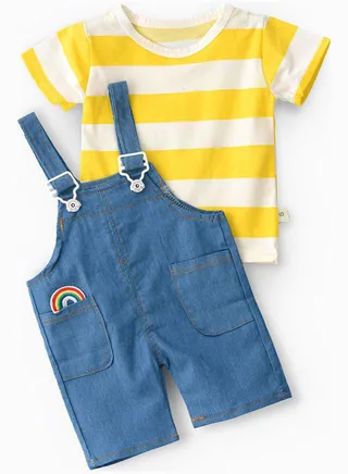 Striped Pattern T-Shirt And Denim Dungaree Set Yellow/White/Blue 