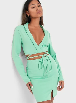 Crop Tie Waist Jersey Blazer 