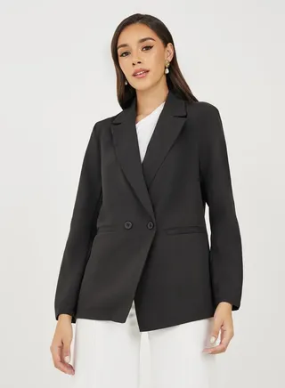 Regular Fit Double Breasted Blazer with Pockets & Notch Lapel Neck 