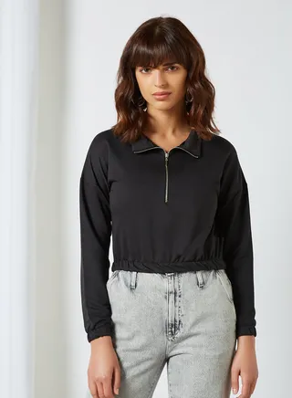 Half-Zip Cropped Sweatshirt Black 