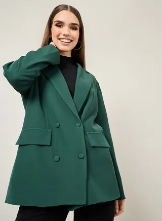 Oversized Longline Double Breasted Twill Blazer 