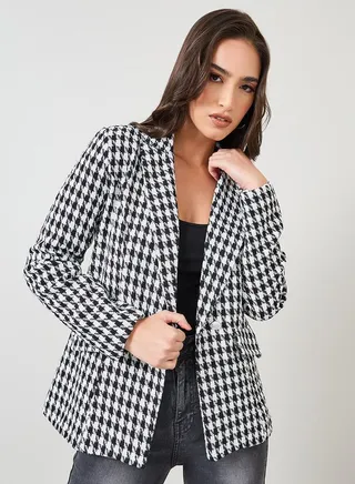 Regular Fit Houndstooth Pattern Tweed Blazer 