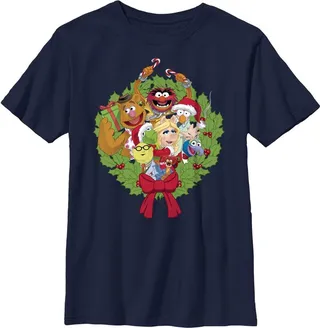 Boy's The Muppets Christmas Wreath Group Shot T-Shirt - Athletic Heather - Large