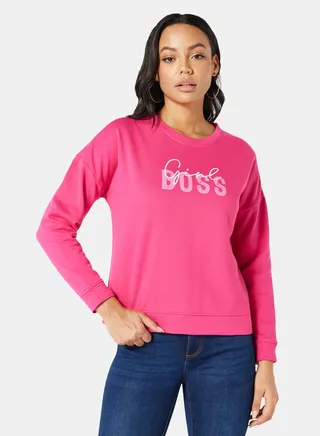 Knitted Text Print Sweatshirt Pink 