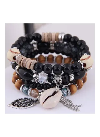 Women's Metal Leaf Conch Tassel Ornate Bead Multi-layer Bracelet 