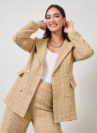 Regular Fit Longline Double Breasted Tweed Blazer 
