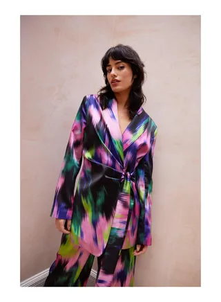 Satin Printed Cinched Waist Blazer 