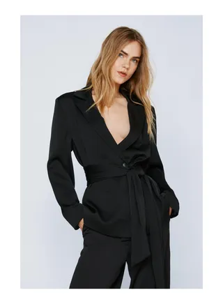 Satin Crepe Belted Drape Blazer 