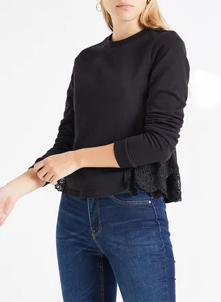 Embroidered Lace Trim Sweatshirt Black 