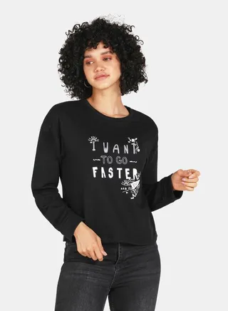 Want To Go Faster Print Crop Sweatshirt Black 