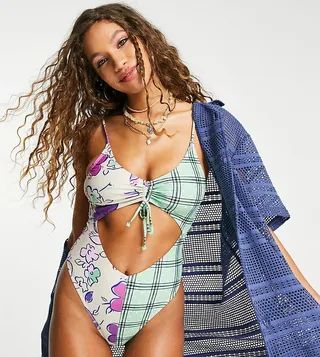 Reclaimed Vintage inspired cut out swimsuit in spliced check and floral print - MULTI