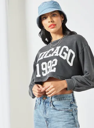 Slogan Crop Sweatshirt Dark Grey 