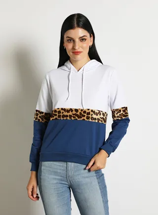 Contrast Color Stylish Hoodie Navy Blue/White 