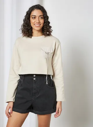 Front Pocket Cropped Sweatshirt Stone 