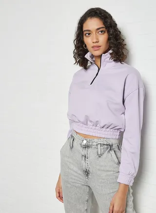 Half-Zip Cropped Sweatshirt Lila 