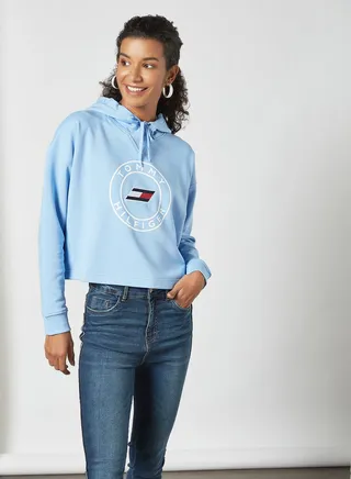 Logo Print Cropped Hoodie Blue 