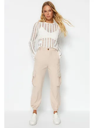 Beige Cargo Woven Trousers with Pocket TWOAW24PL00234 