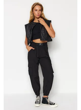Black Woven Cargo Trousers with Pocket TWOAW24PL00293 