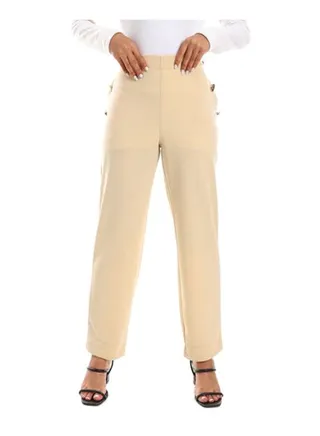 Solid Elastic Waist Buff Beige Semi-Casual Pants 