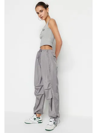 Gray Belted Woven Parachute High Waist Woven Trousers TWOSS23PL00317 