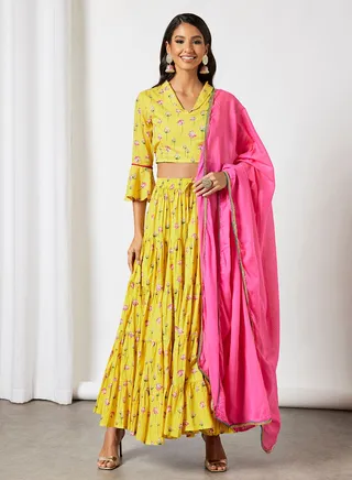 Floral Print 3-Piece Lehenga Set Yellow/Pink 