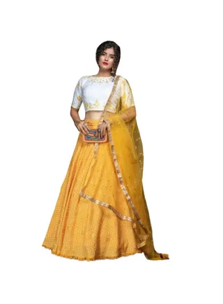 Cotton Yellow Lehenga with Bandhani print plus White Blouse And Net Dupatta 