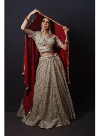 Embroided Mirror work Lehenga With Red Lace border dupatta 