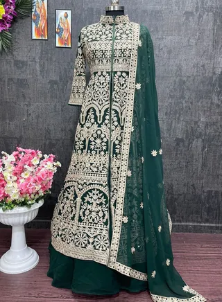 LUNCHING NEW DESIGNER WEAR KOTI HEAVY CHINE STITCH WORK WITH LEHENGAS 
