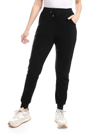 Elastic Waist Melton Sweatpants With Elastic Hem _ Black 