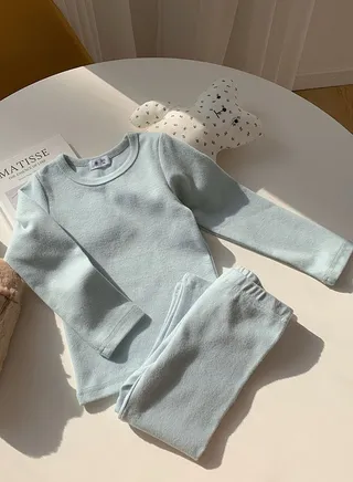 Kids Solid Color Thermal Underwear Set Cotton Soft Base Layer Top & Bottom Children's Pajama Set Bluish Gray 