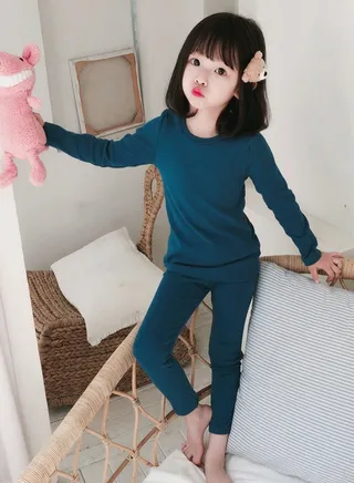 Kids Solid Color Thermal Underwear Set Cotton Soft Long Johns Base Layer Top & Bottom Children's Pajama Set Denim Blue 