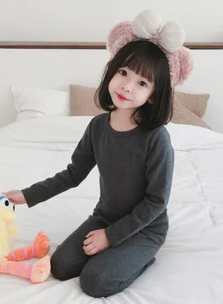 Kids Solid Color Thermal Underwear Set Cotton Soft Long Johns Base Layer Top & Bottom Children's Pajama Set Dark Gray 