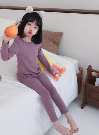 Kids Solid Color Thermal Underwear Set Cotton Soft Long Johns Base Layer Top & Bottom Children's Pajama Set Dusty Purple 