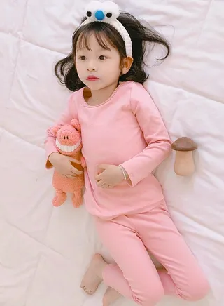 Kids Solid Color Thermal Underwear Set Cotton Soft Long Johns Base Layer Top & Bottom Children's Pajama Set Lotus Pink 